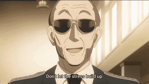 a man wearing sunglasses and a suit says " don 't let the stress build up "