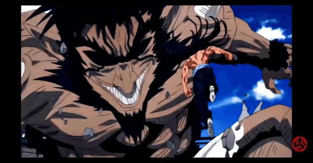 a cartoon of a man standing next to a monster with a big smile on his face