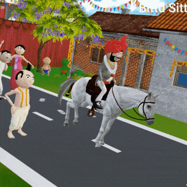 a cartoon drawing of a man riding a horse with the word sit on the bottom left