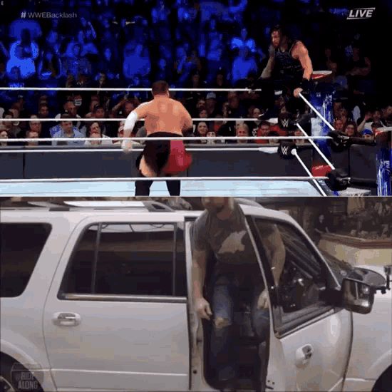 a man is getting out of a white suv while a wrestler is in the ring