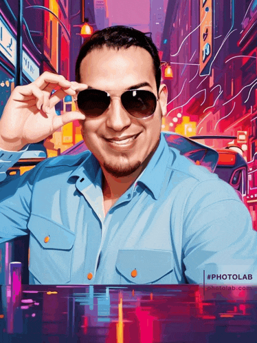 a painting of a man wearing sunglasses and a blue shirt with the hashtag #photoleb on the bottom