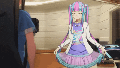 a girl with pink and blue hair is wearing a purple shirt that says ' i love you ' on it