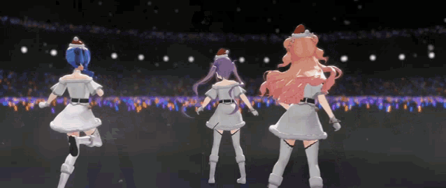 three anime girls wearing santa hats and white dresses are dancing on a stage