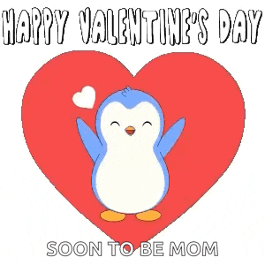 a blue penguin is standing in front of a large red heart .