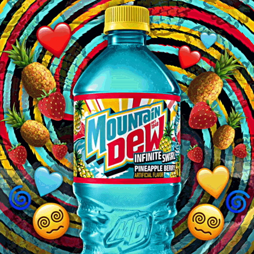 a bottle of mountain dew pineapple berry is surrounded by pineapples and strawberries