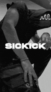 a black and white photo of a person with the word sickick on the top