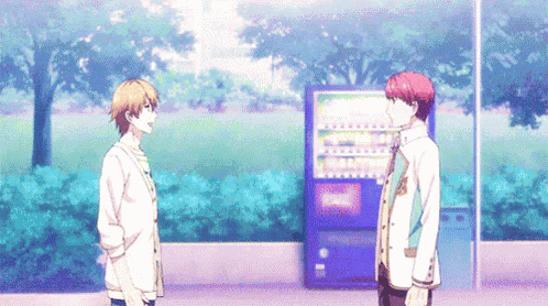 two anime characters are standing next to each other in front of a vending machine in a park .