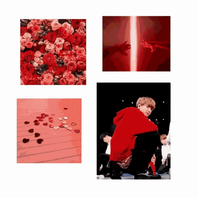 a man in a red hoodie is surrounded by red flowers