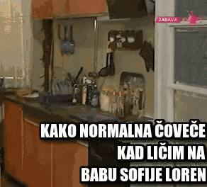 a picture of a kitchen with a caption that says kako normalna covece kad licim na babu sofije loren