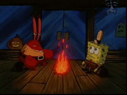 a cartoon of a crab and spongebob sitting around a campfire