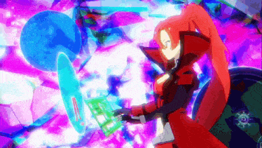 a girl with red hair is holding a green object in her hand