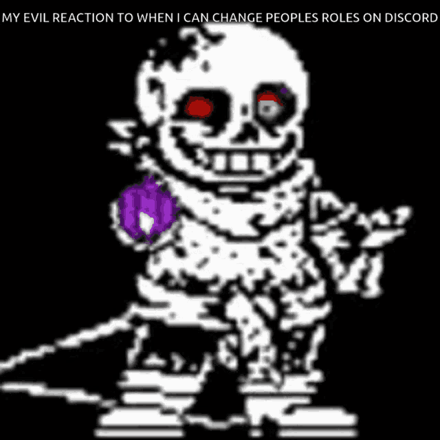 a pixel art of a skeleton with red eyes and a purple object in his hand on a black background .