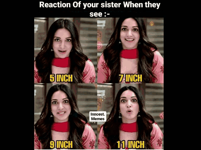 a collage of four pictures of a woman with the caption " reaction of your sister when they see : "