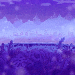 a purple background with mountains in the background and a crowd of people