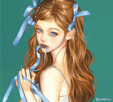 a painting of a girl with a blue ribbon in her hair by kling ai 16