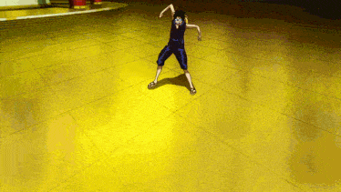 a cartoon character is standing on one leg on a yellow tiled floor