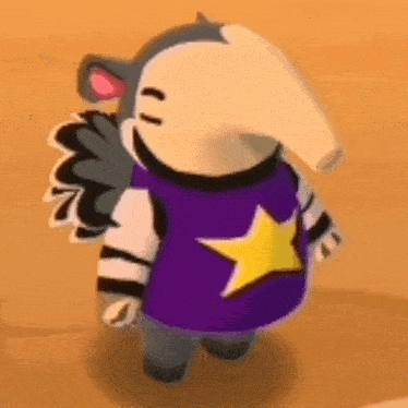 a cartoon aardvark wearing a purple shirt with a star on it is standing on a brown surface .