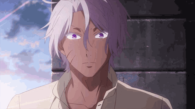 a man with purple eyes and white hair is standing in front of a building