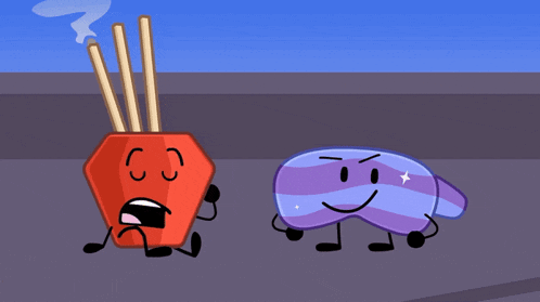 a cartoon of a purple object and a red object with sticks in it