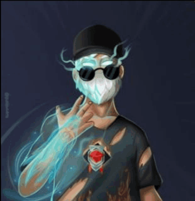a man wearing a mask and sunglasses is giving the middle finger .