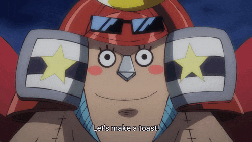 a cartoon character says " let 's make a toast " in front of his face