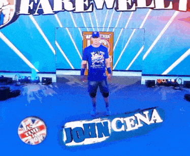 a man in a blue shirt stands in front of a sign that says farewell