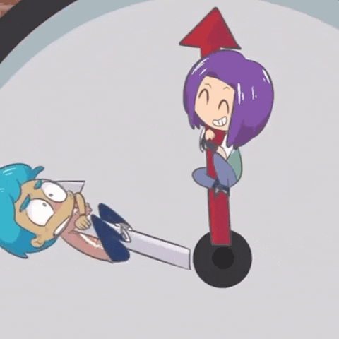a boy with blue hair and a girl with purple hair sitting on a red pole