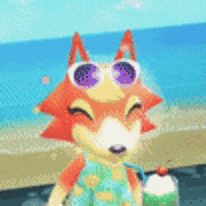 a fox wearing sunglasses and overalls is holding a drink on a beach .