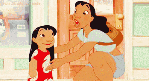 a cartoon of a woman kneeling down with a little girl