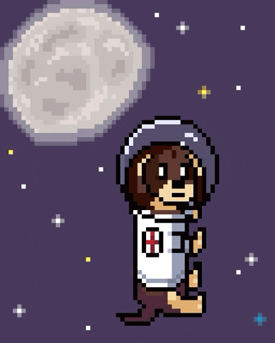 a pixel art of a dog in space with a comets flying in the background