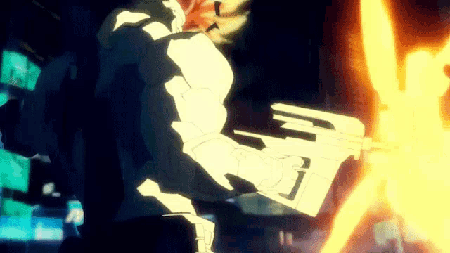 a cartoon character is holding a gun in his hand in a dark room with a yellow light behind him .