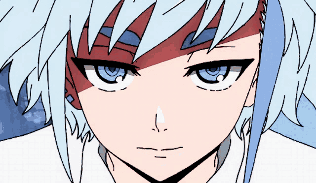 a close up of a person 's face with blue eyes and white hair