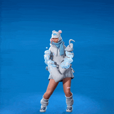 a girl is wearing a white hoodie and a scarf with the word " ice " on it