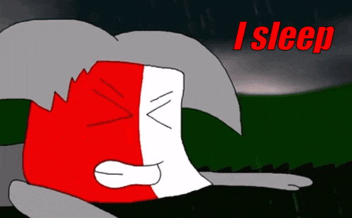 a cartoon character is laying down with the words " i sleep " in red