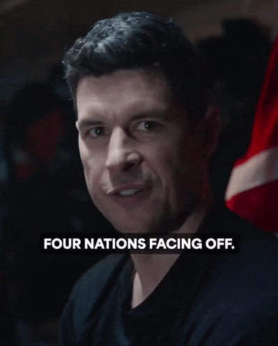 a close up of a man 's face with the words four nations facing off below him