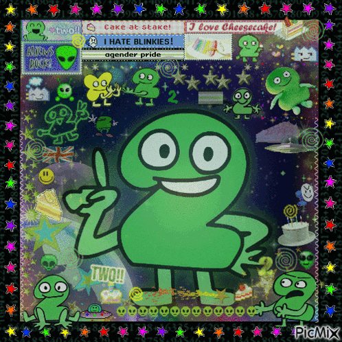 a picture of a green cartoon character with the word two on it