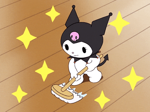 a cartoon drawing of a cat cleaning the floor