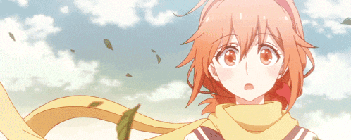 a girl with orange hair and a yellow scarf looks up at the sky