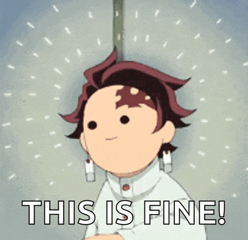 a cartoon character is sitting in front of a wall with the words `` this is fine '' written on it .