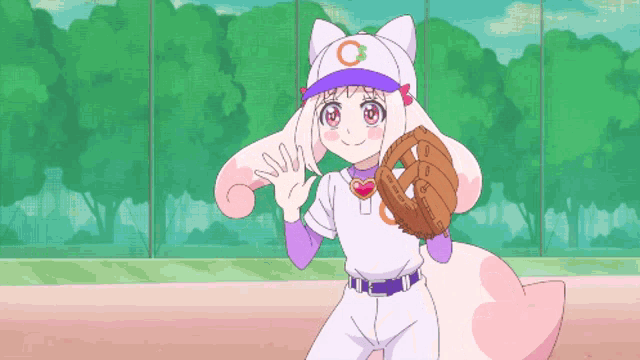 a girl in a baseball uniform with the letter o on the hat