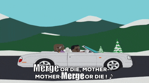 a cartoon of a man and woman driving a car with the words " merge or die mother mother merge or die "