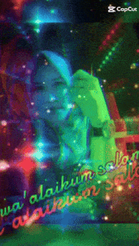 a woman in a hijab is surrounded by colorful lights and the words wa ' alaihim salaf are visible