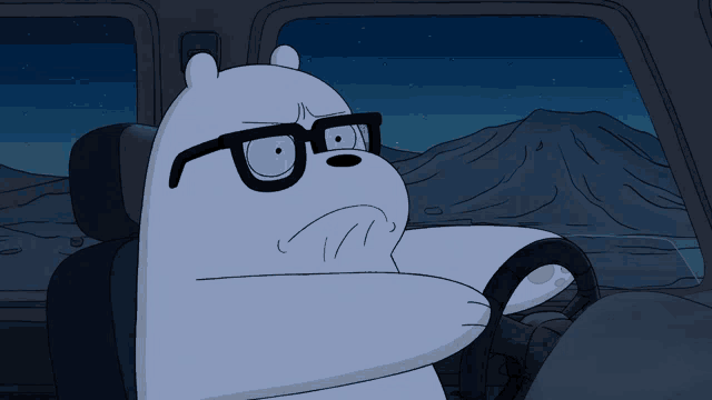 a cartoon bear wearing glasses is driving a car at night