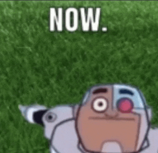 a cartoon character is standing in the grass with the words `` now '' .