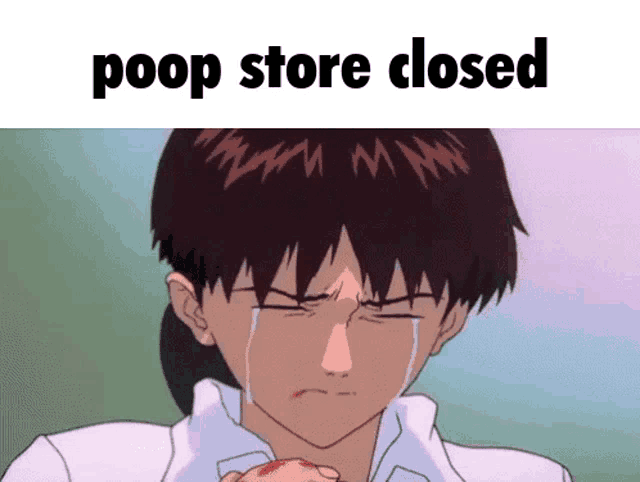 a man is crying while holding a bloody apple and the words poop store closed are above him .