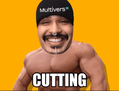 a shirtless man wearing a multivers beanie is cutting
