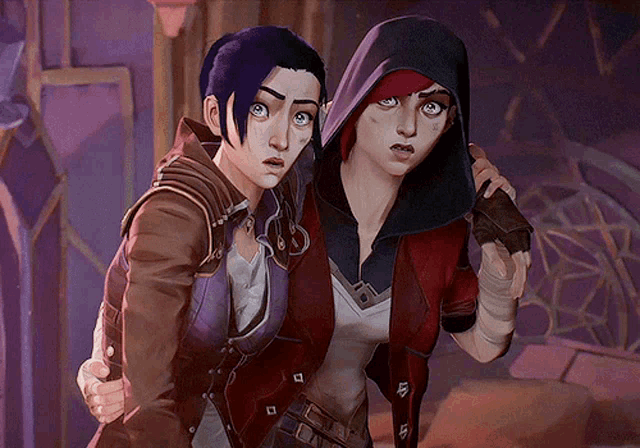 a couple of cartoon characters standing next to each other with one wearing a hood