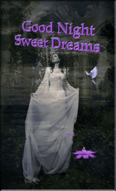 a picture of a woman in a white dress with the words good night sweet dreams above her