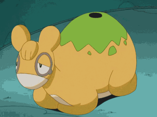 a cartoon character with a green top and a yellow body