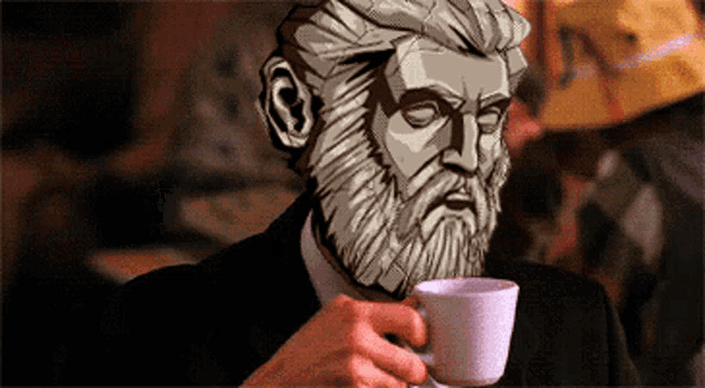 a man with a beard is holding a white cup